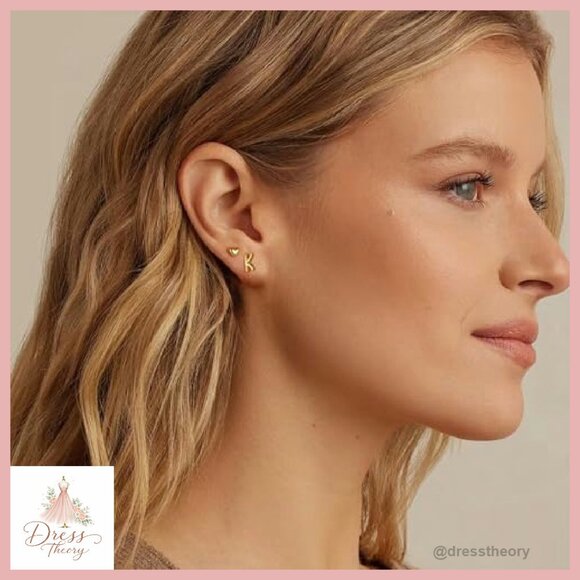 3-Pair 14K Gold Plated Stud Earrings Set with Initial Heart Zircon - Picture 4 of 8